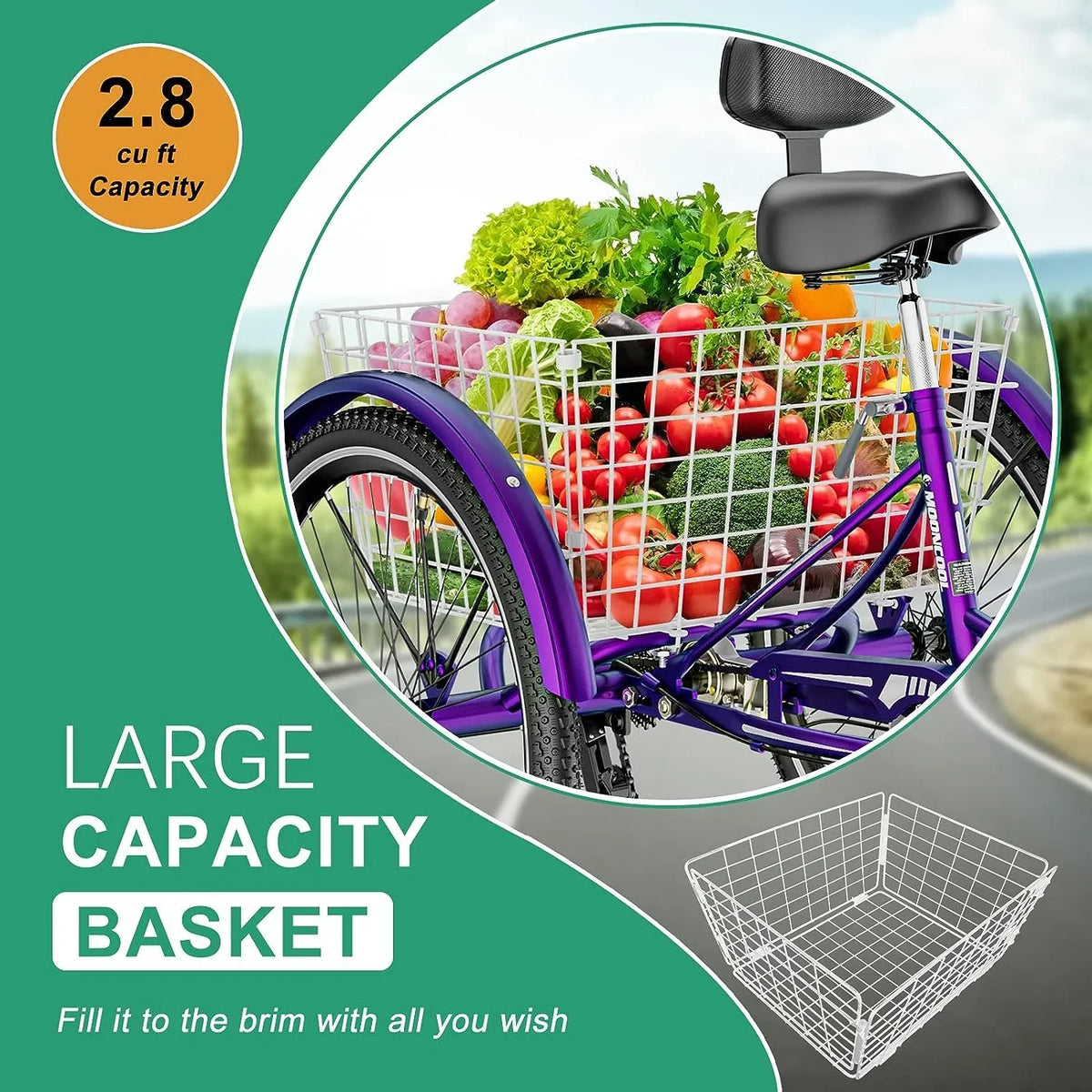 MOONCOOL Adult Tricycles with Rear Basket & Inflator, 24 26 inch 7 Speed 3 Wheel Bikes, Three-Wheeled Bicycles Adult Trike with Backrest for Seniors, Women, Men