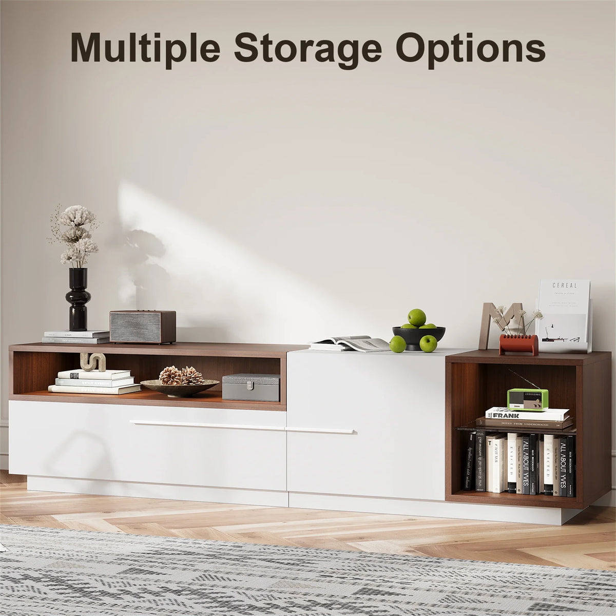 Planntonneo Mid-Century Modern Fluted TV Stand Wooden Media Console Entertainment Center for Living Room, Walnut Color