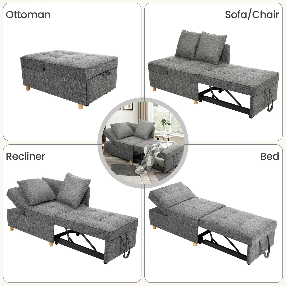 SEJOV 4-in-1 Convertible Sleeper Chair Bed, Linen Sofa Bed for Small Space, Futon Sofa with 2 Throw Pillows for Living Room, Single Recliner with 5 Adjustable Backrest for Bedroom Apartment, Brown