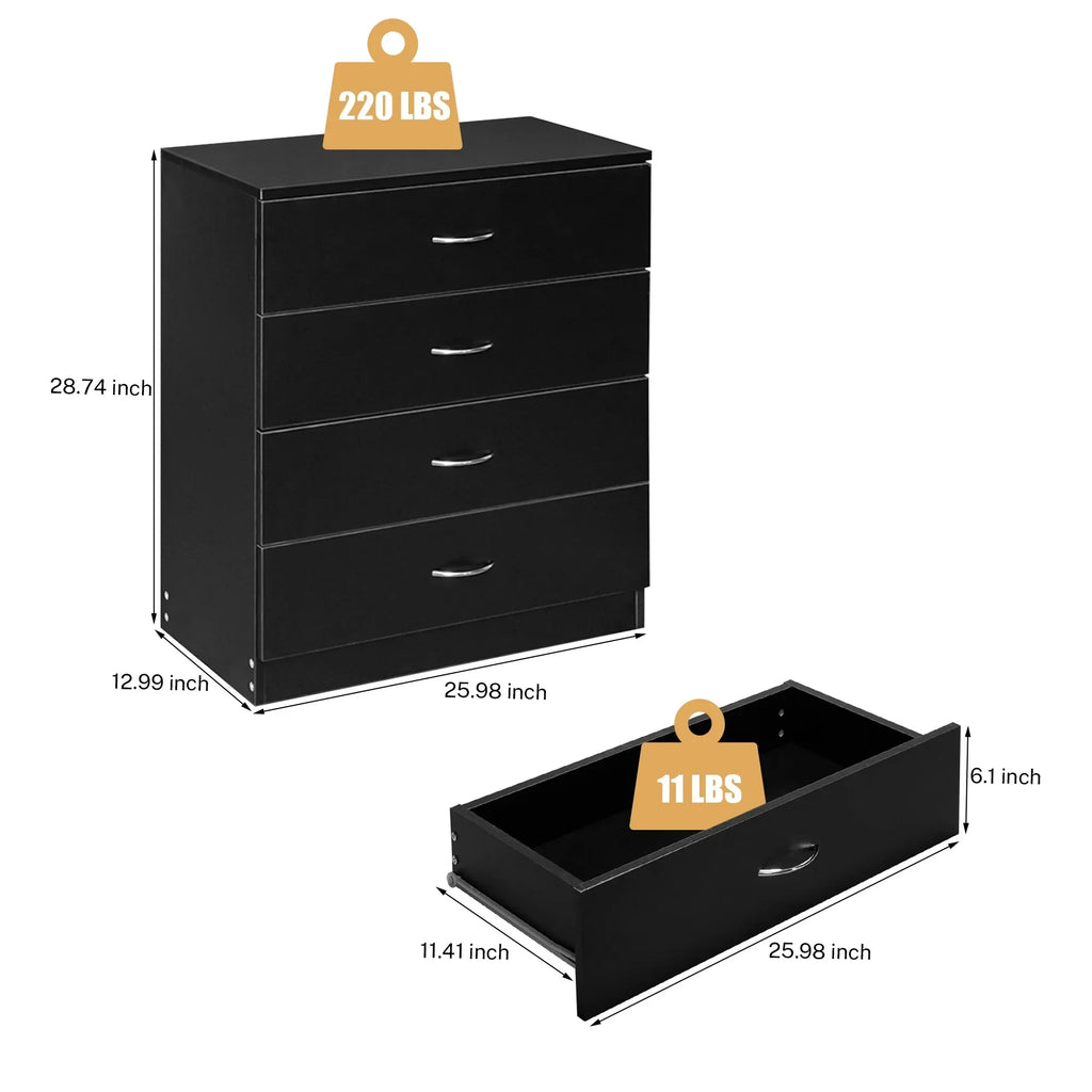 BESTCROF 4 Drawer Dresser Black Dresser, Modern Nightstand Dressers for Bedroom, Small Chest of Drawers Storage Cabinet Dresser Organizer Unit with Handle for Home, Office