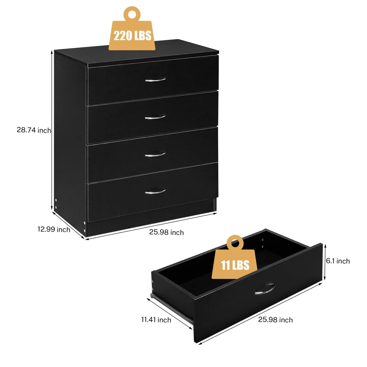 BESTCROF 4 Drawer Dresser Black Dresser, Modern Nightstand Dressers for Bedroom, Small Chest of Drawers Storage Cabinet Dresser Organizer Unit with Handle for Home, Office