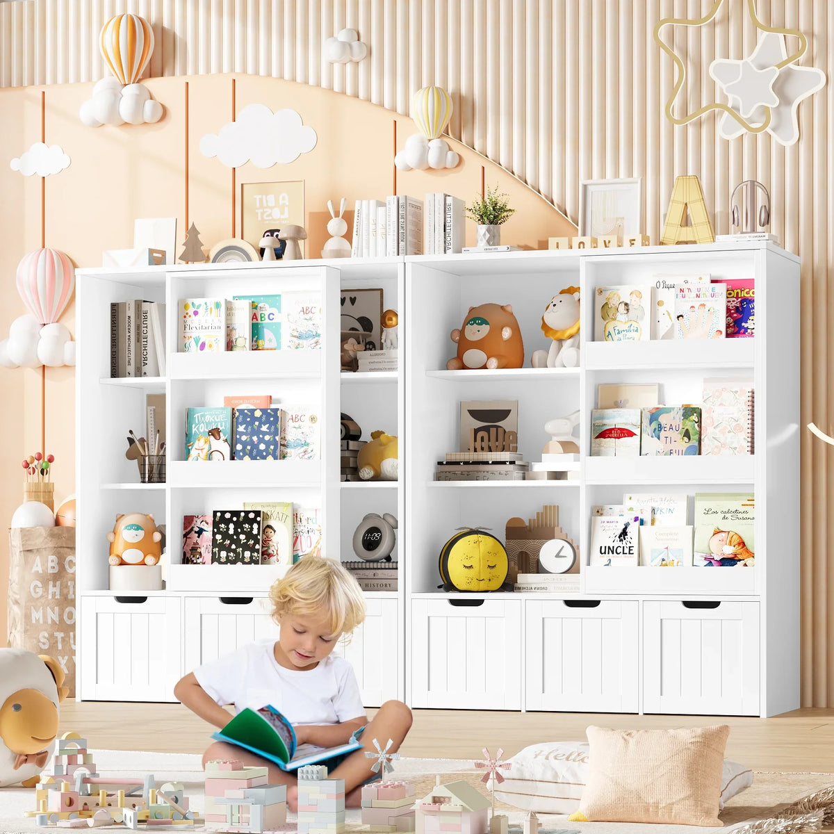 Homfa 6 Cube Toy Storage, Cube Organizer with Sliding Rack, 3 Drawer Kids Bookcase and Bookshelf, White