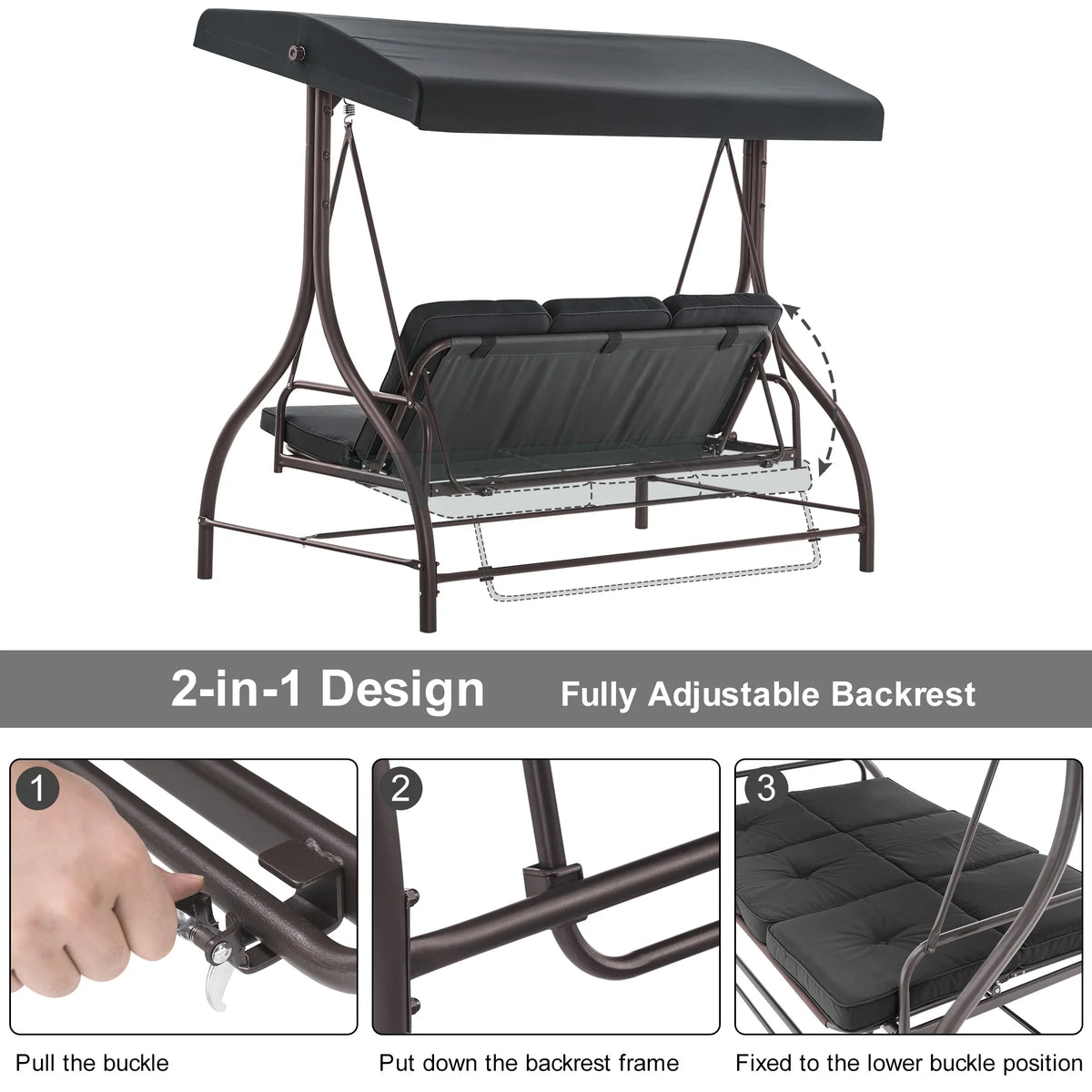 MCombo 3-Seat Outdoor Patio Swing Chair Cushioned with Adjustable Backrest and Canopy, Pillow, Brown