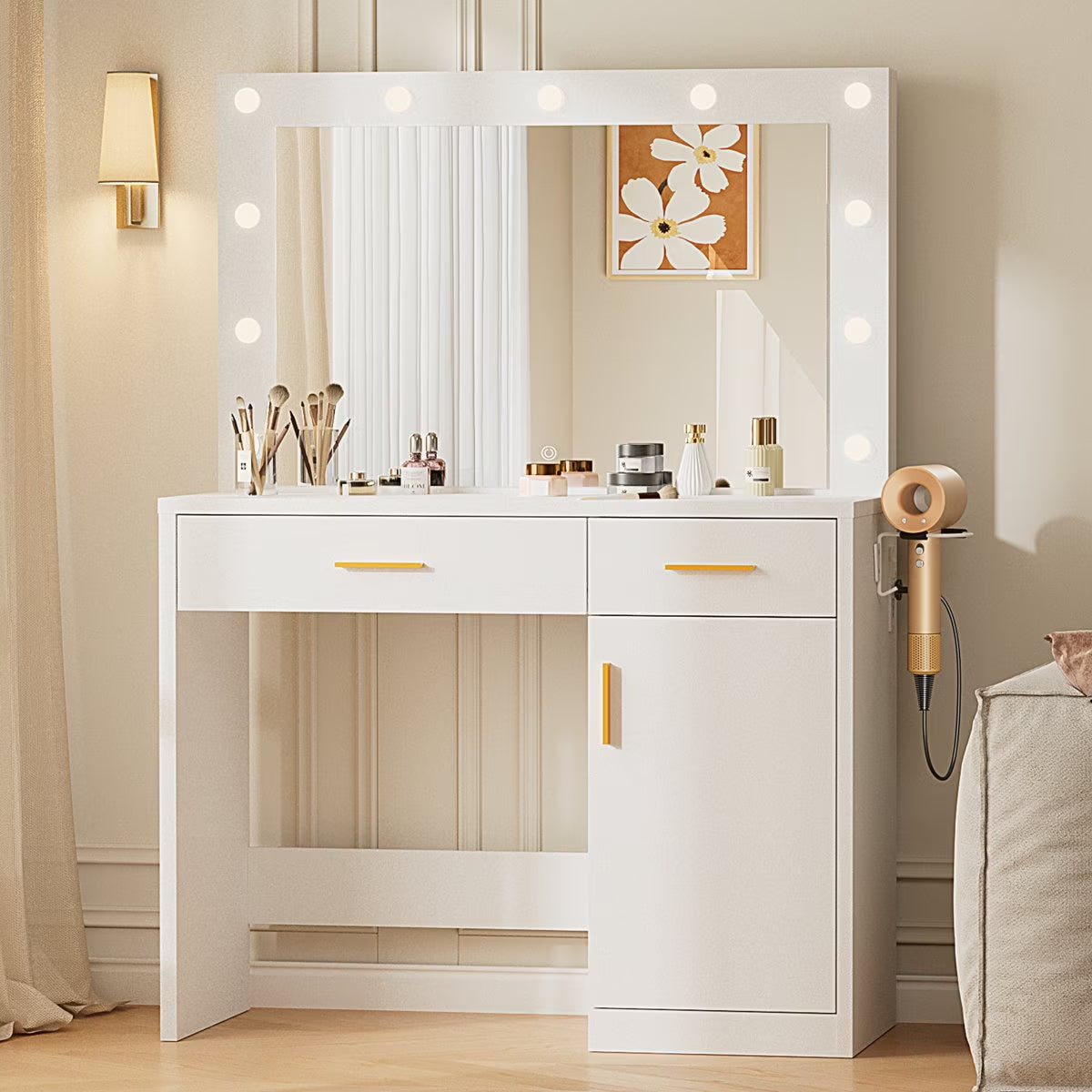 Blorly White Vanity Desk with Mirror, Makeup Vanity Table with LED Lights and Power Outlet, 3 Drawer, 4 Shelves, 1 Cabinet