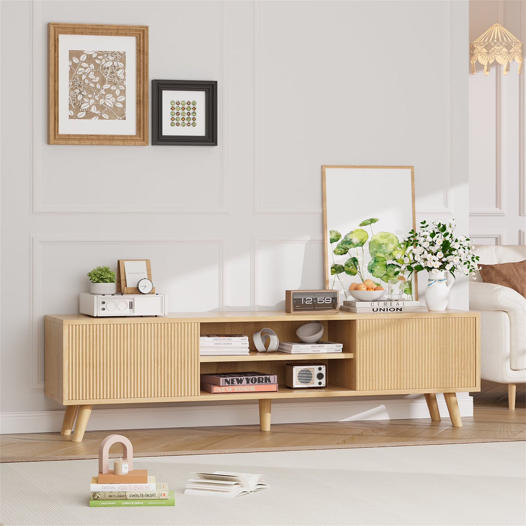 Planntonneo Mid-Century Modern Fluted TV Stand Wooden Media Console Entertainment Center for Living Room, Walnut Color