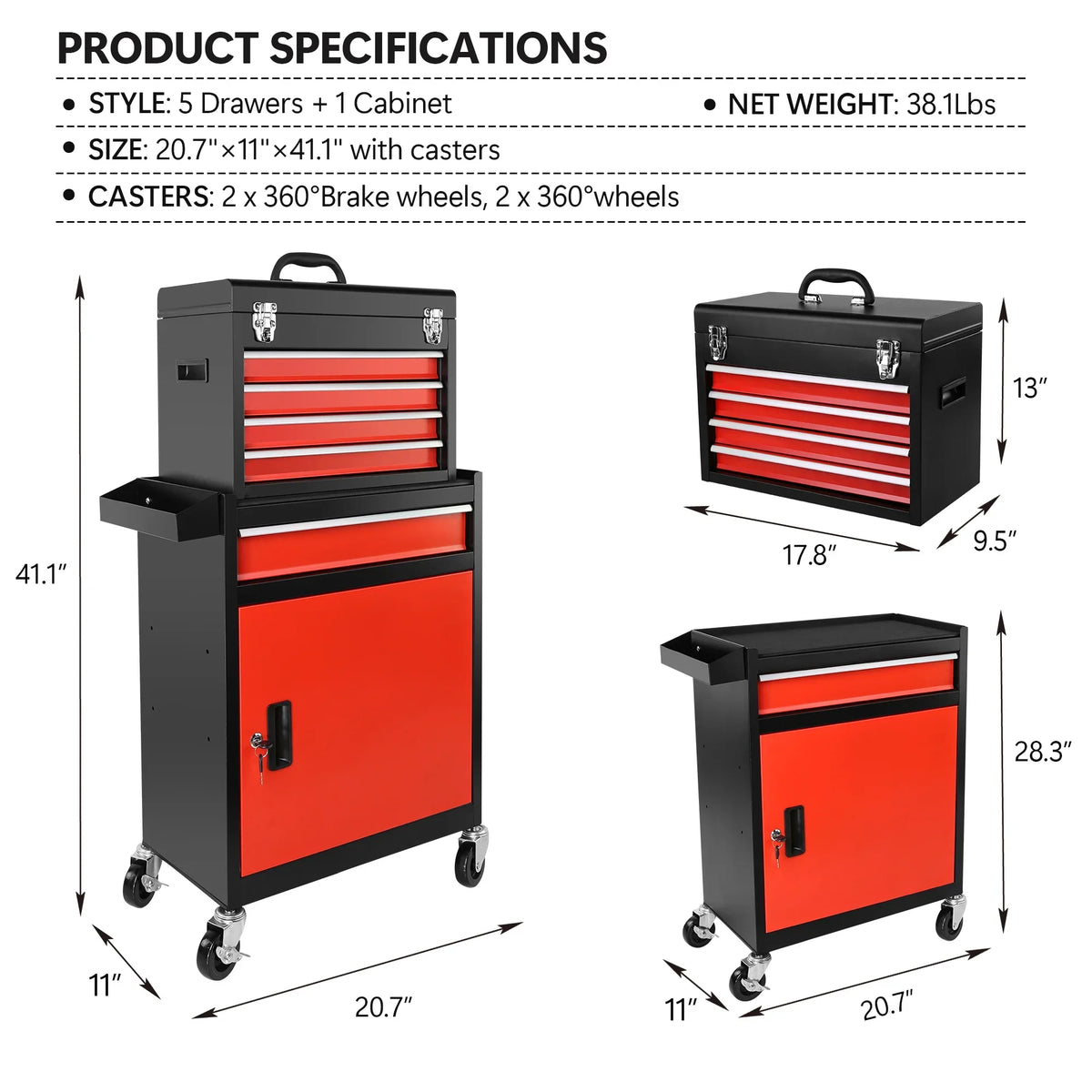 5-Drawer Rolling Tool Box, 2-IN-1 Hidden Multifunctional Tool Chest, Blue Tool Box on Wheels Storage Tool Organizer Cart, Hooks, Classification Box, Liner