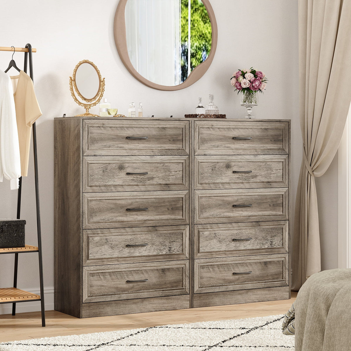 Vabches Farmhouse 5 Drawer Dresser with Metal Handle, Tall Wood Chest of Drawers for Living Room Bedroom,Dark Brown