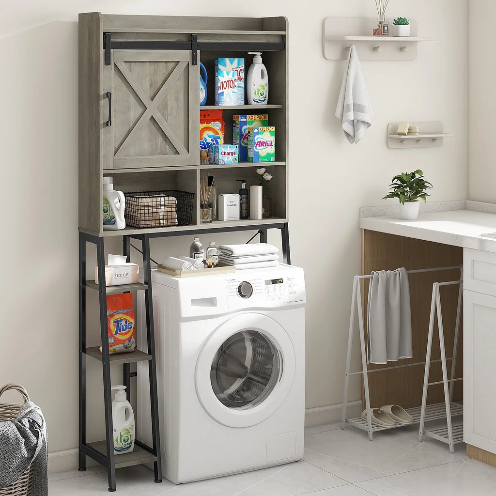 Vabches Over The Toilet Storage Cabinet with Sliding Door and Integrated Toilet Paper Holder, Ideal for Bathrooms, Restrooms, and Laundry Rooms.