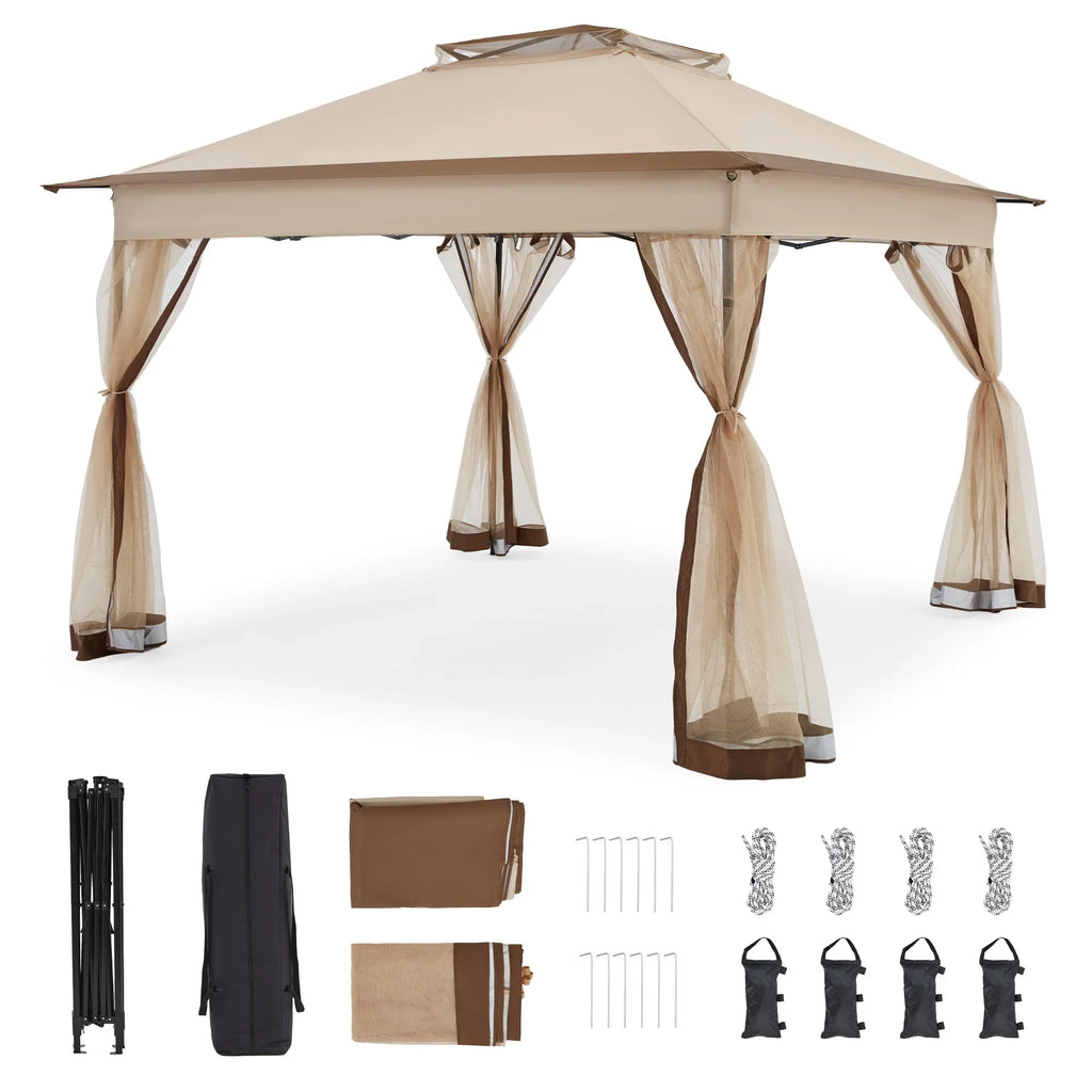 Bezseller 11x11 Pop up Gazebo, Outdoor Waterproof Canopy Tent with Mosquito Netting for Outdoors, Khaki