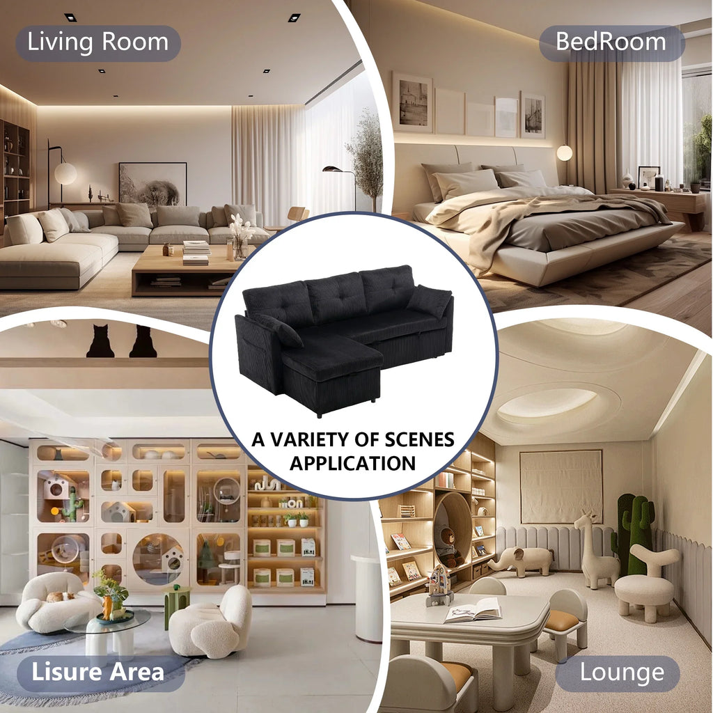 Villeston L-Shaped 3-Seat Sofa with Pull-Out Bed, with Storage Chaise Couch for Living Room, Chenille Fabric,Olive