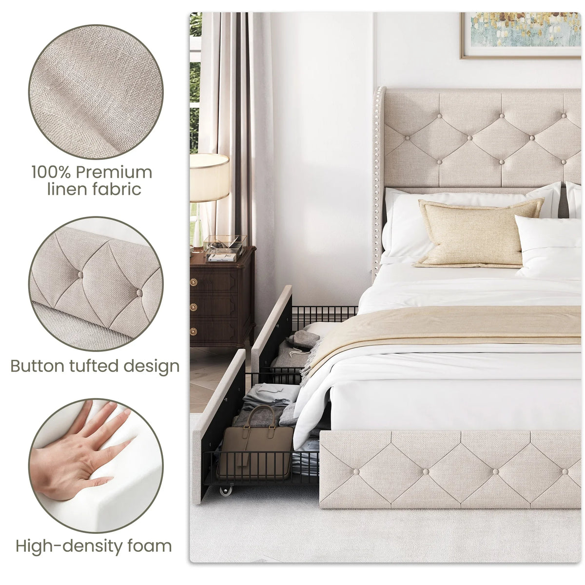 LARMACE Queen Size Platform Bed Frame with 4 Storage Drawers and Tufted Headboard Linen Upholstered Bed Wingback Bed Frame with Wooden Slats Support, Easy Assembly, Light Grey