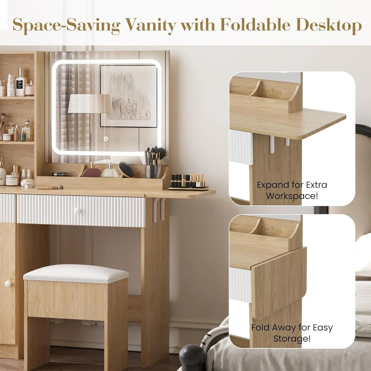 M optimized Vanity Desk with Mirror and Lights, Power Outlets Makeup Table with Drawers & Cabinet, Storage Stool, Dressing Table for Bedroom