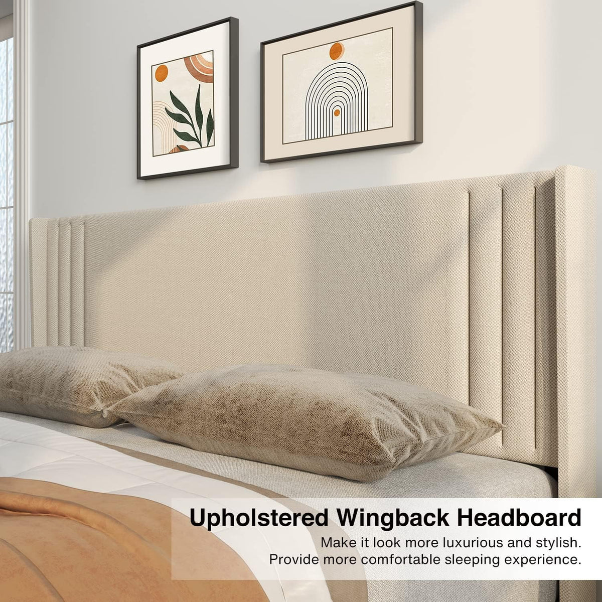 Lofka Queen Bed Frame with Headboard, Upholstered Platform Bed with Headboard, No Box Spring Needed/Easy Assembly, Beige