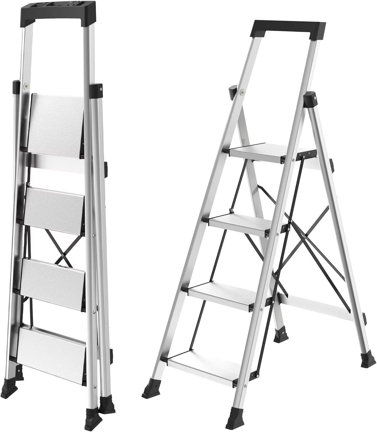 HBTower 4 Step Ladder with Tool Tray, Aluminum Anti-Slip Folding Step Stool for Adults, 330lbs Capacity, Light Weight Portable Ladder for Kitchen Warehouse Outdoor Work