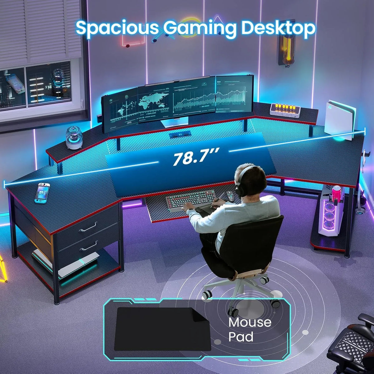 79" Gaming Desk with LED Lights and Power Outlets, U Shaped Desk with Monitor Stand and Drawers, Gaming Table with Keyboard Tray, Cup Holder and CPU Stand for Bedroom, Carbon Fiber Black