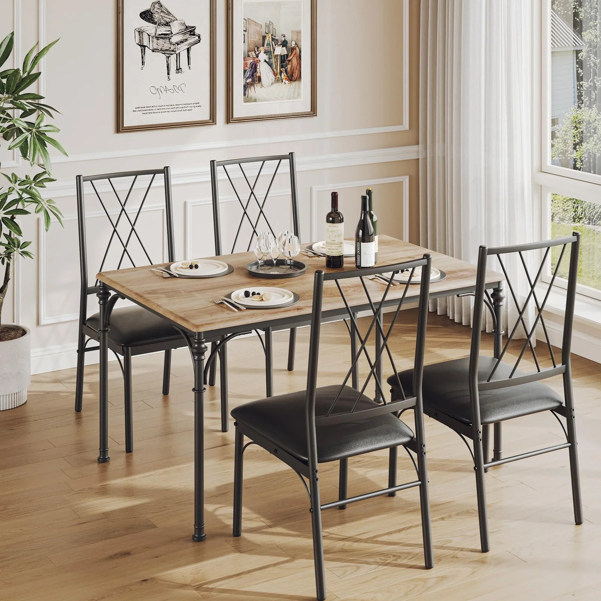 Huisuilinss Dining Table Set For 4,5-Piece Kitchen Table And Chairs Set,Farmhouse Rectangular Dining Room Table Set,Kitchen Table Set With 4 Chairs,Wood Metal Frame Dinette Set For Apartment