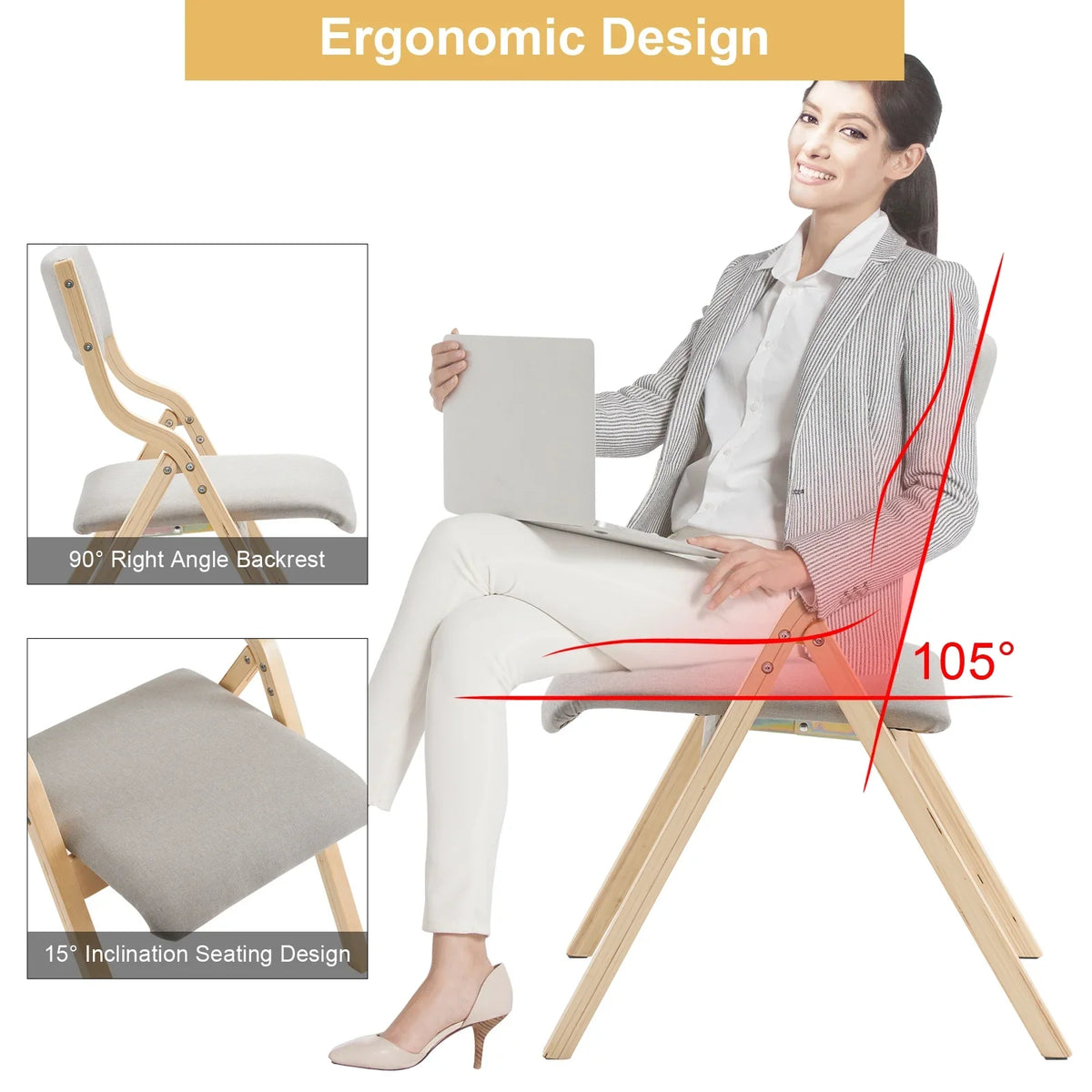 Ktaxon Folding Chairs Rubber Wood Frame Foldable Event Chairs Padded Diner Chairs for Office and Party Reading Dining Set of 2 Light Gray