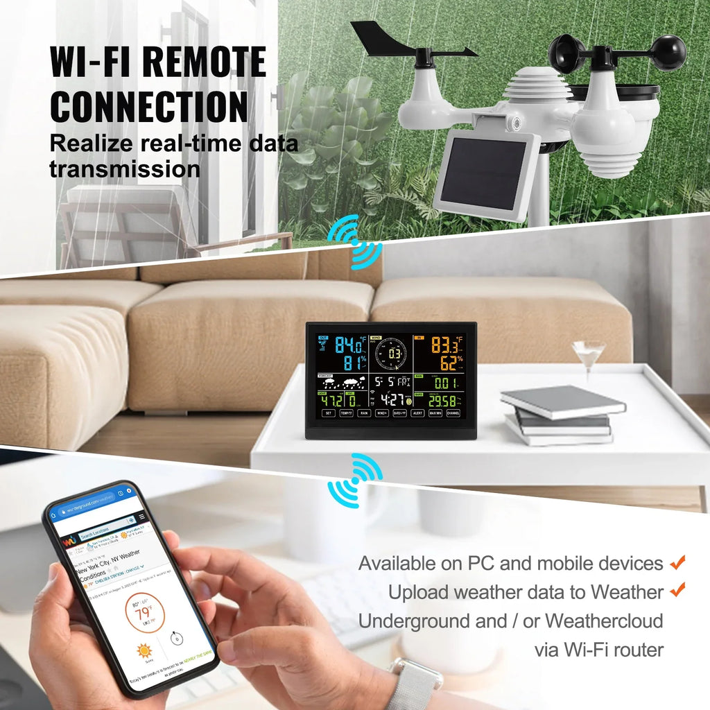 KFFKFF 7-in-1 Wi-Fi Weather Station 7.5-Inch Color Display Wireless Outdoor Sensor