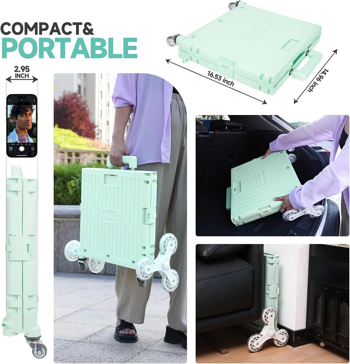 Collapsible Rolling Crate for Stair Climbing: Rolling Cart for Shopping Teacher Laundry (Milky White)