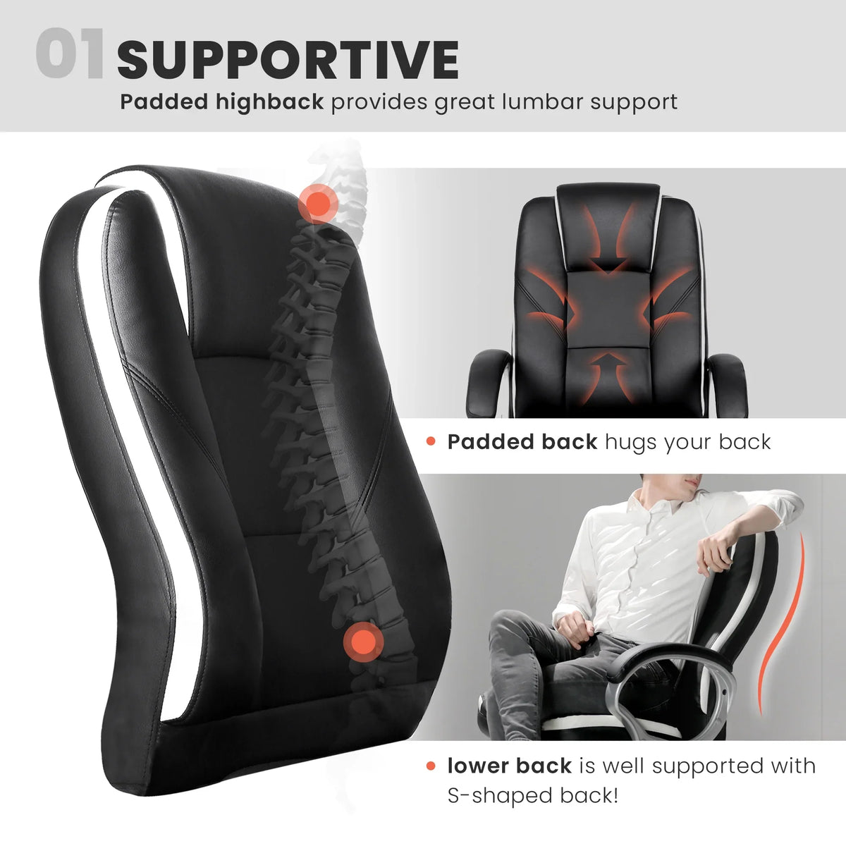 NEO CHAIR Home Office Chair, Heavy Duty Leather Office Chair, Ergonomic High Back Cushion Lumbar Back Support, Computer Desk Executive Chair for Work, 8 Hours Comfort, Jet Black