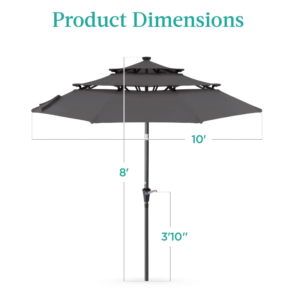 Best Choice Products 10ft 3-Tier Solar Patio Umbrella w/ 24 LED Lights, Tilt Adjustment, Easy Crank - Tan