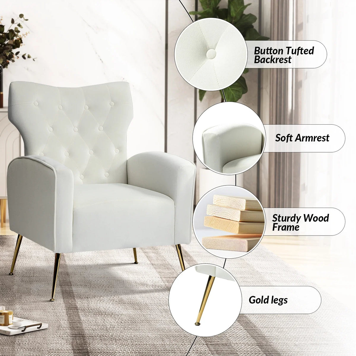 Modern Velvet Accent Chair Upholstered Sofa Armchair Button Tufted Metal Legs Adult Bedroom Home Living Room Grey