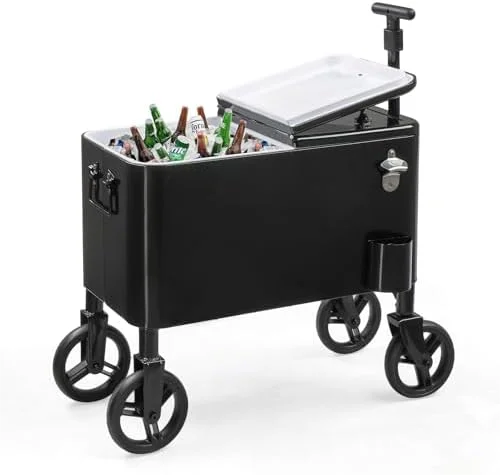 80 Quart Wagon Rolling Cooler Ice Chest, /Long Handle and 10" Wheels, Portable Beach Patio Party Bar Cold Drink Beverage, Outdoor Park Cart on Wheels