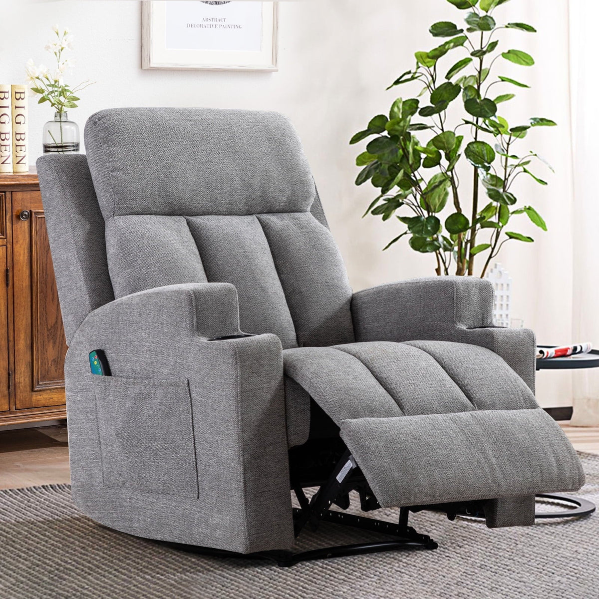 Bonzy Home Heated Manual Massage Recliner with Cup Holder Padded Breathable Fabric Recliner, Home Theater Seating"Navy