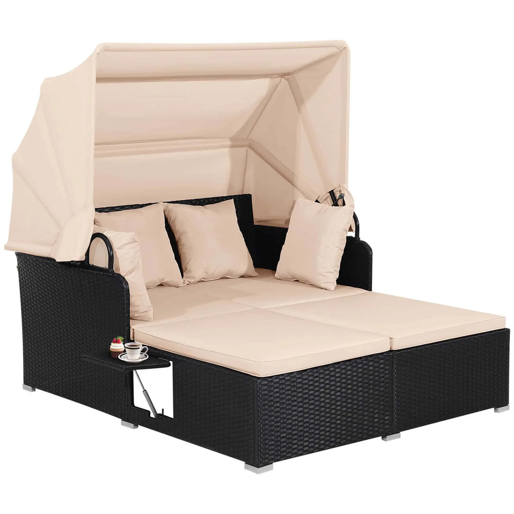 Costway Patio Rattan Daybed Lounge Retractable Top Canopy Side Tables Cushions Red