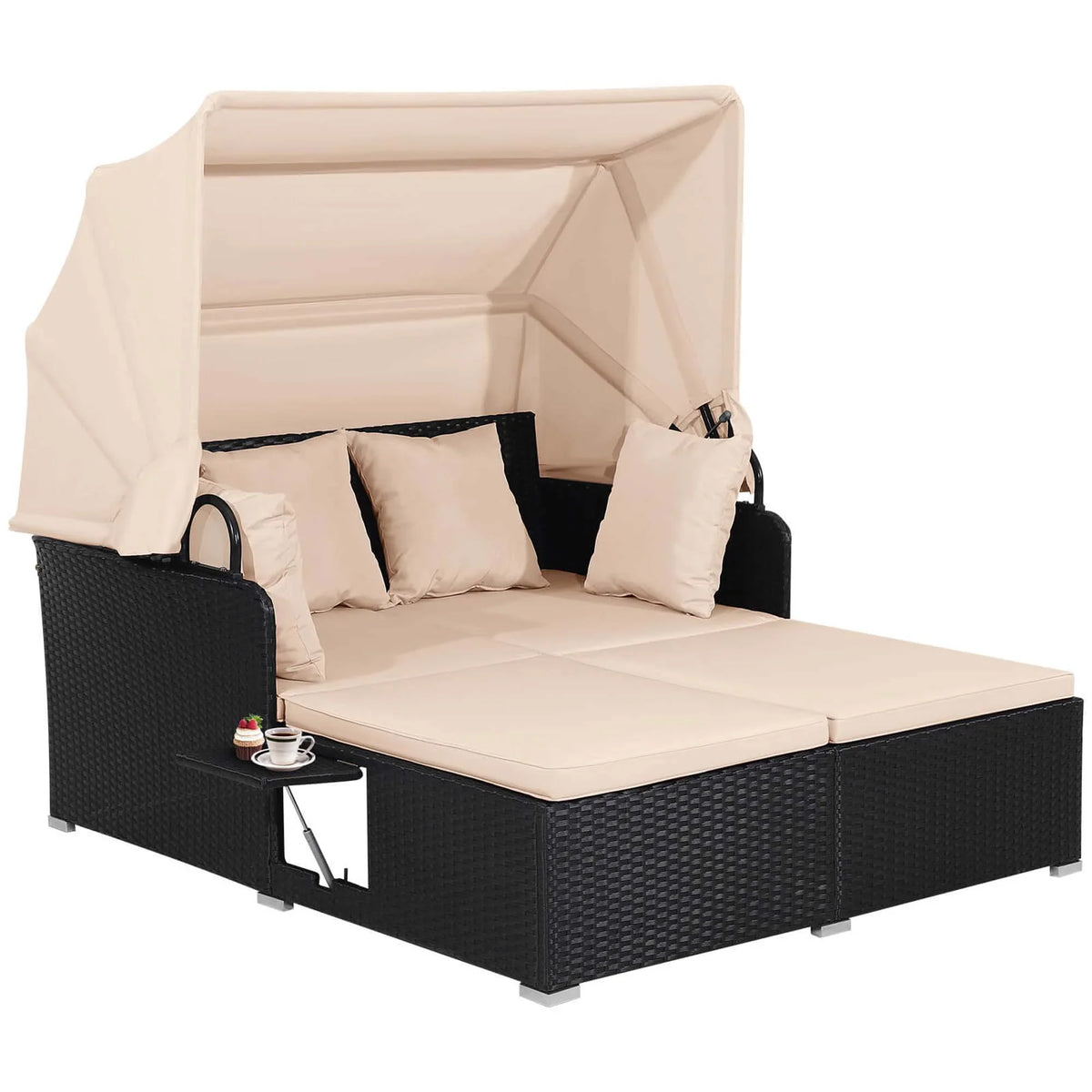 Costway Patio Rattan Daybed Lounge Retractable Top Canopy Side Tables Cushions Red