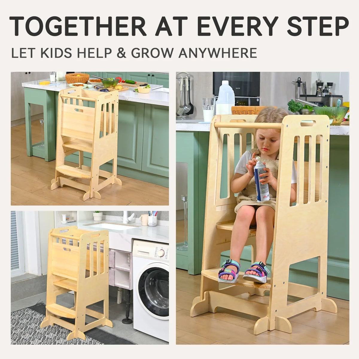 Toddler Standing Tower, Kids Kitchen Stool Helper 3 Levels Adjustable Height Wooden Toddler Step Stools for Learning New Skills