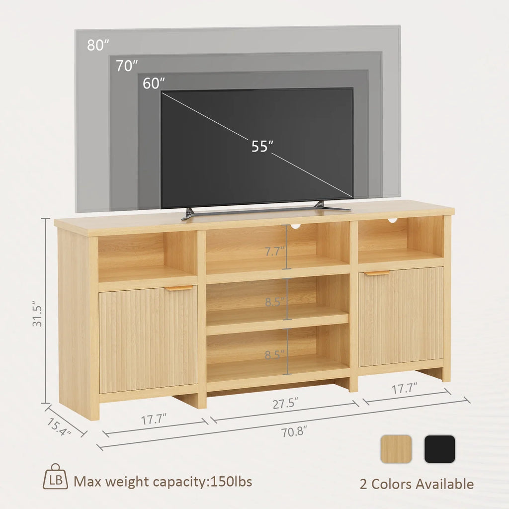 Planntonneo Mid-Century Modern Fluted TV Stand Wooden Media Console Entertainment Center for Living Room, Walnut Color
