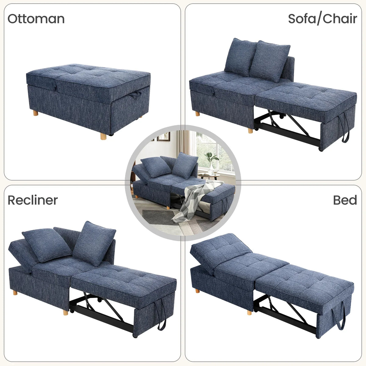 SEJOV 4-in-1 Convertible Sleeper Chair Bed, Linen Sofa Bed for Small Space, Futon Sofa with 2 Throw Pillows for Living Room, Single Recliner with 5 Adjustable Backrest for Bedroom Apartment, Brown