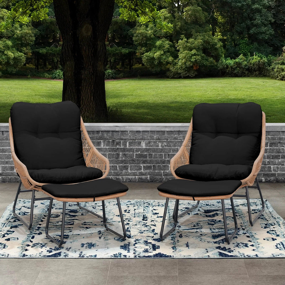Tappio Wicker Papasan Egg Chair with Ottoman, Outdoor Patio Basket Lounge Chair Indoor Oversized Egg Lounger with Thick Cushion for Living Room Bedroom Balcony Porch, Black