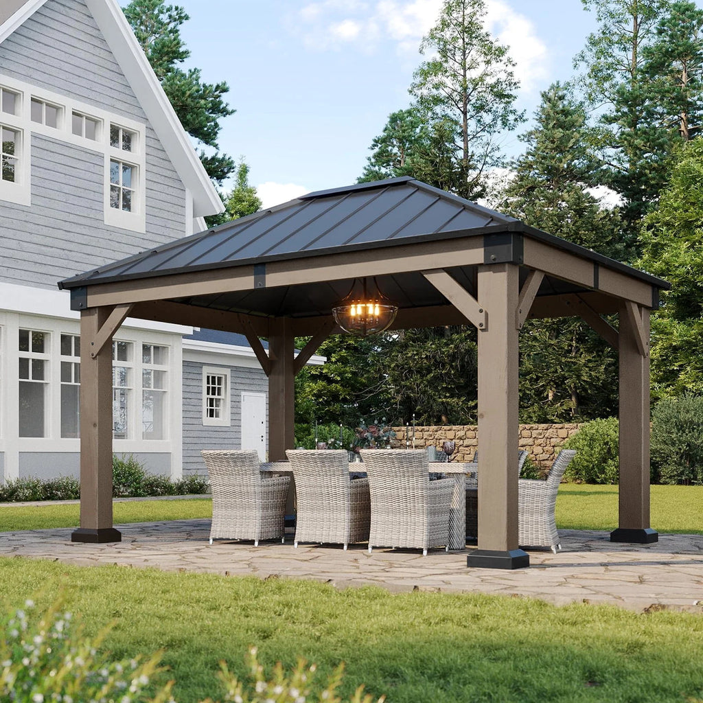 Aoxun 12' x 16' Outdoor Wood Gazebo, Hardtop Gazebo Permanent Wooden Pavilion with Galvanized Steel Double Roof, for Patio, Garden, Backyard, Cedar Wood