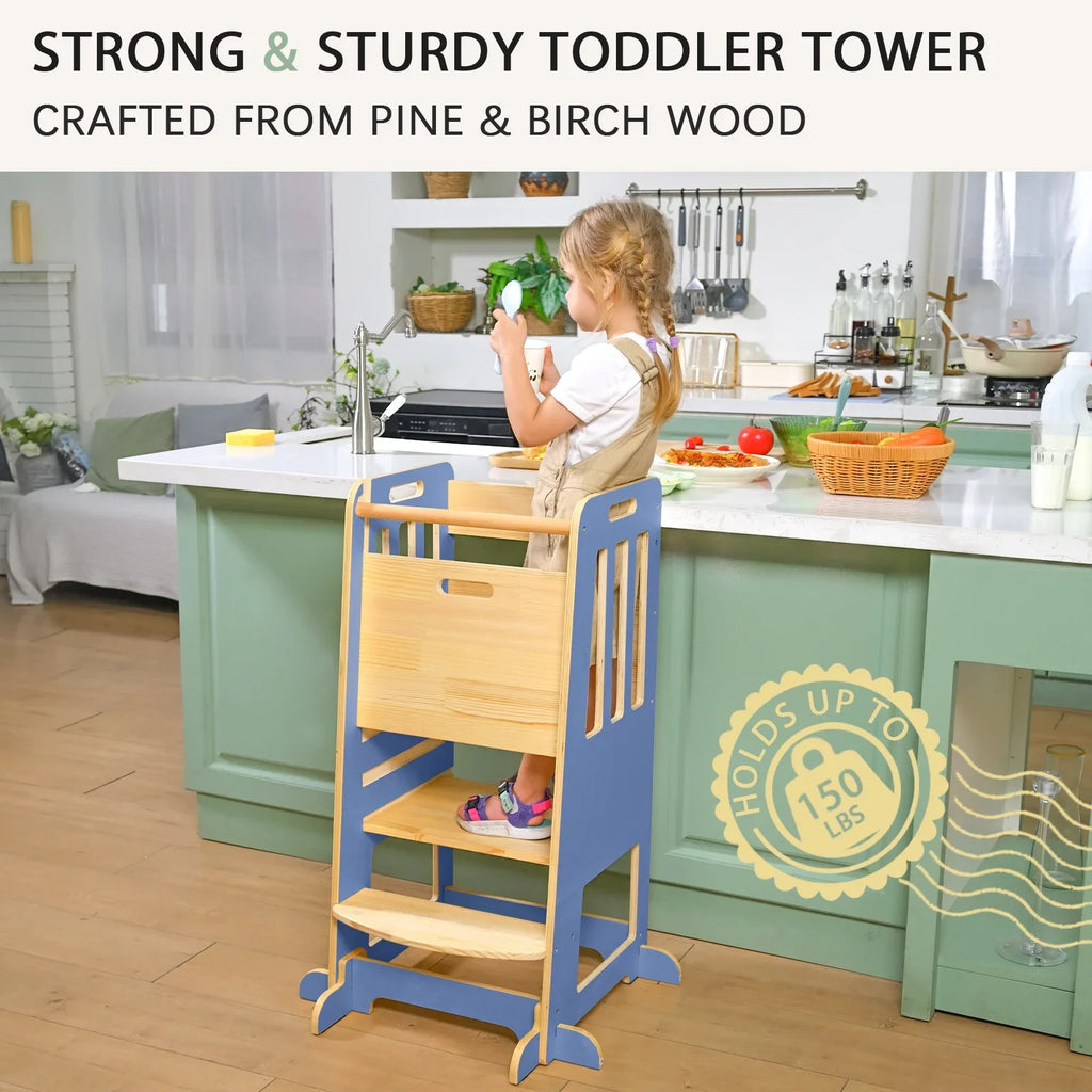 Toddler Standing Tower, Kids Kitchen Stool Helper 3 Levels Adjustable Height Wooden Toddler Step Stools for Learning New Skills