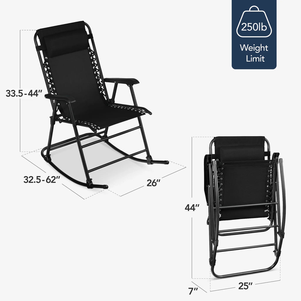 Best Choice Products Folding Outdoor Zero Gravity Rocking Lounge Chair w/ Headrest Pillow - Black