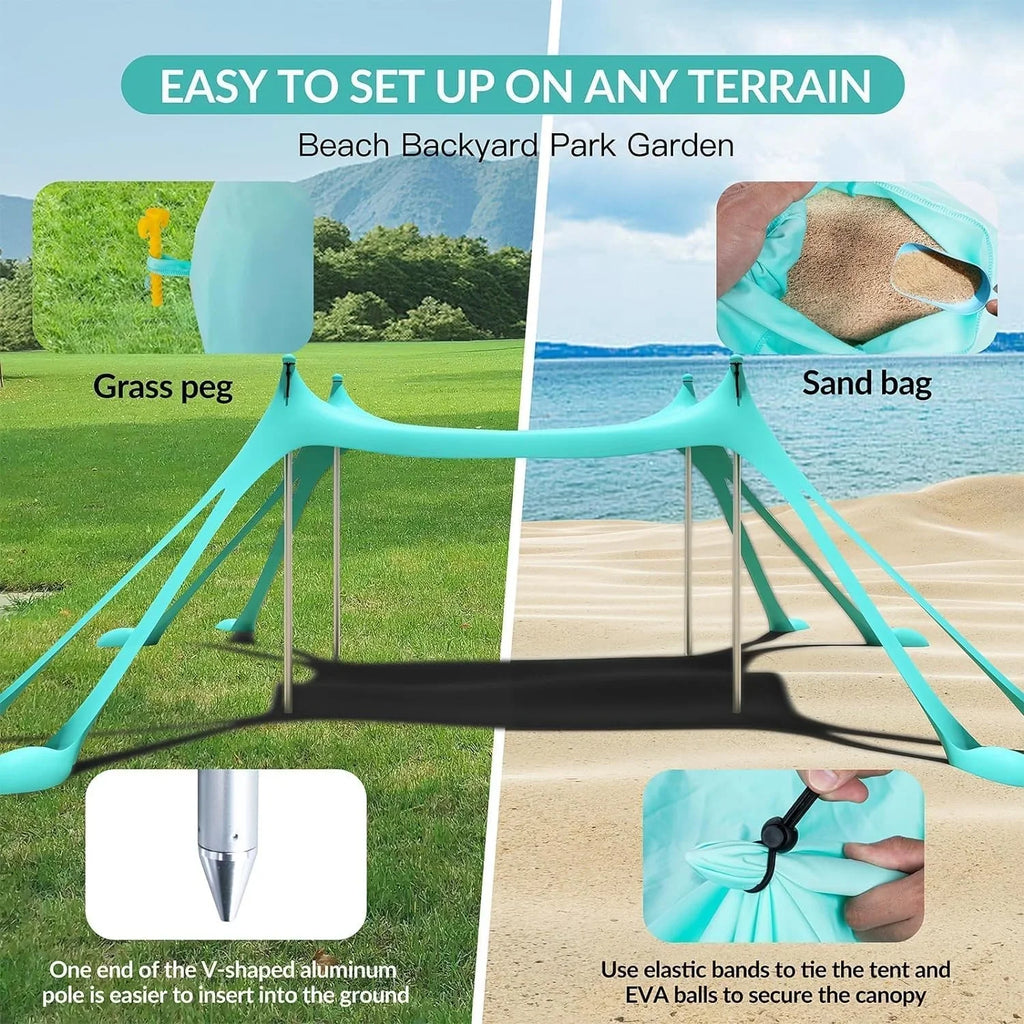 Beach Tent Canopy with 8 Sandbags 4 Aluminum Poles, Pop Up Portable Camping Sun Shelter, Easy Set Up with 2 Sand Shovel, Ground Pegs, Carrying Bag for Outdoor Beach,Picnic, Fishing