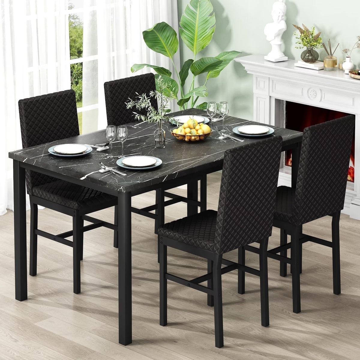 Baxluxe Dining Table Set for 4, Modern 5 Piece Dining Table Set, Faux Marble Kitchen Table and 4 Velvet Upholstered Chairs for Apartments, Dining Rooms, Small Spaces, Gray
