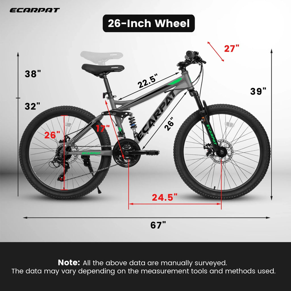 Juuar 26" Mountain Bike for Men, 21 Speed Disc Brake MTB, Full Suspension Steel Frame City Bike Bicycle for Adults, Gray