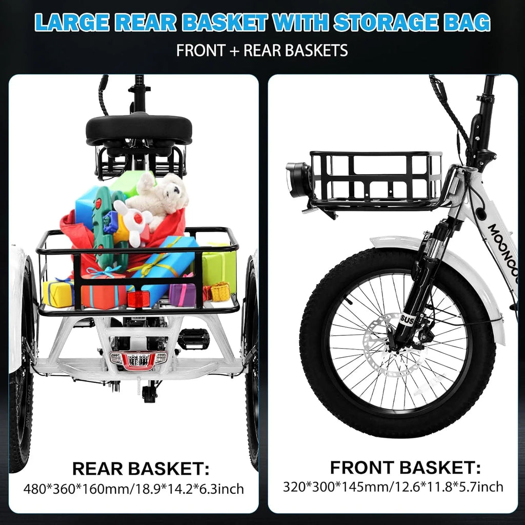 MOONCOOL TK1 Folding Electric Tricycle for Adults,48V 14.5Ah Removable battery, 500W"Peak 1000w"Motor, 20" Fat Tire Step-Thru 3Wheel Electric Bicycle w/Front&Rear Baskets, Certified to UL 2849 by SGS