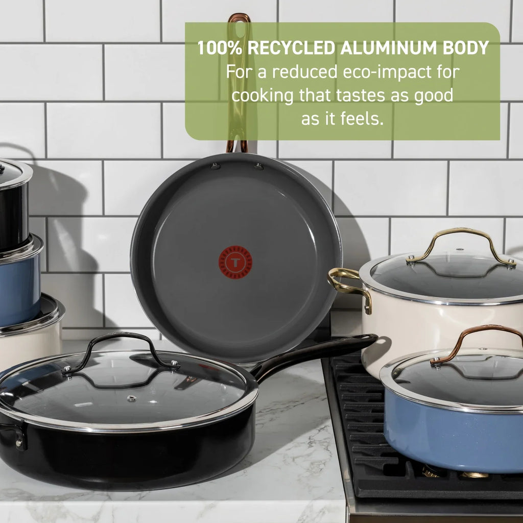 T-fal Preserve Ceramic Non-Stick Cookware, 13 Piece Pots and Pans Set, Champagne