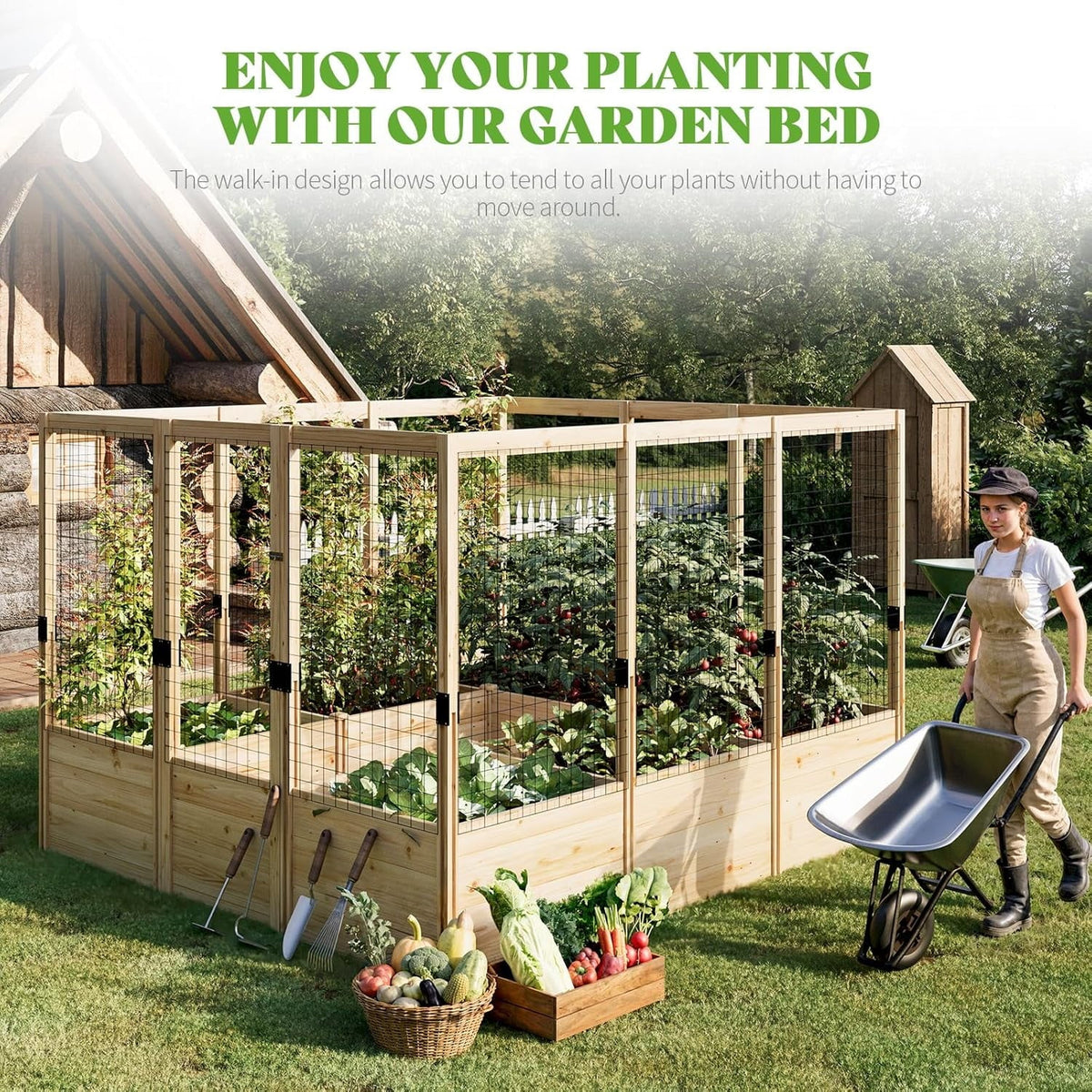 Jocisland Wooden Raised Garden Bed for Outdoor, Deep Large Planter Box with Netting for Gardening, Vegetables, Herbs"8"9"6 ft"
