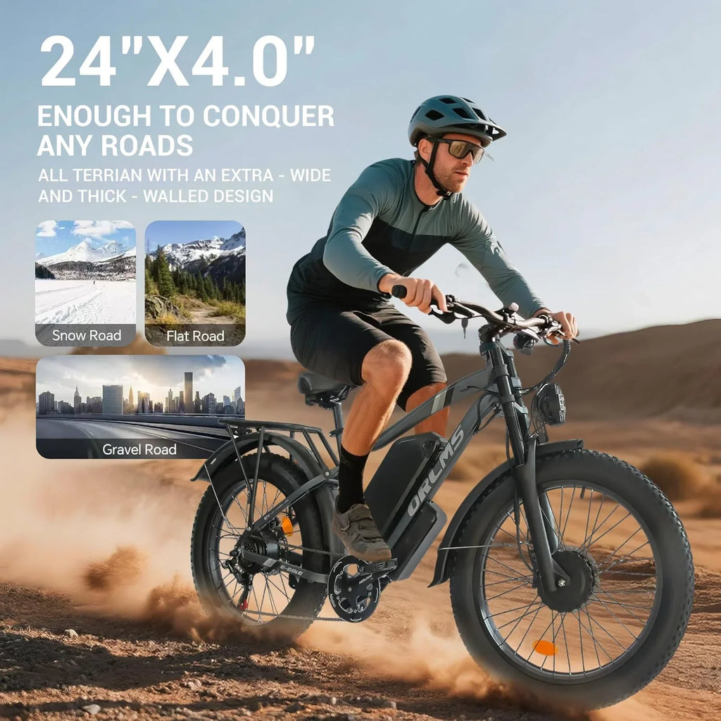 3000W Peak Dual Motor E-Bike, 52V 25AH Battery Elec-tric Bike for Adults, 35MPH Mountain AWD 7-Speed Snow E-Bike with 24" x 4.0 Fat Tire for Mountain Snow Hunting Commuting