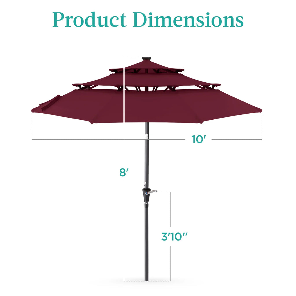 Best Choice Products 10ft 3-Tier Solar Patio Umbrella w/ 24 LED Lights, Tilt Adjustment, Easy Crank - Tan