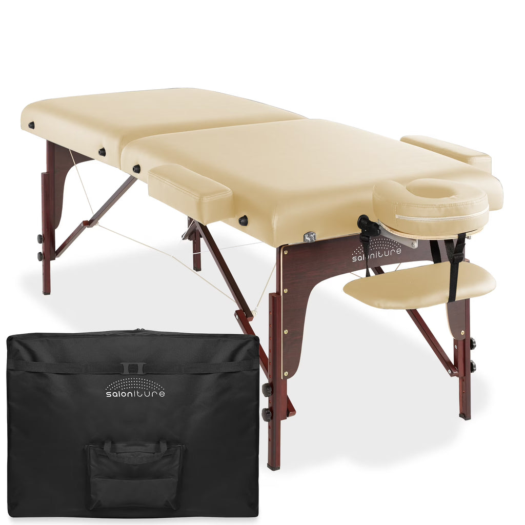 Saloniture Professional Portable Lightweight Bi-Fold Memory Foam Massage Table with Reiki Panels - Includes Headrest, Face Cradle, Armrests and Carrying Case - Burgundy