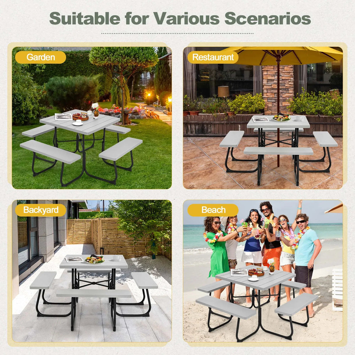 Costway Outdoor 8-person Square Picnic Table Bench Set with 4 Benches & Umbrella Hole White