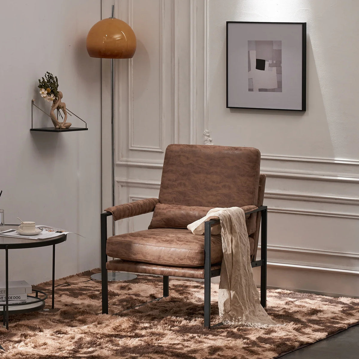 Ktaxon Accent Chair Lounge Armchair Modern Linen Fabric Upholstered Single Sofa with Black Coated Metal Frame Creamy White and Brown