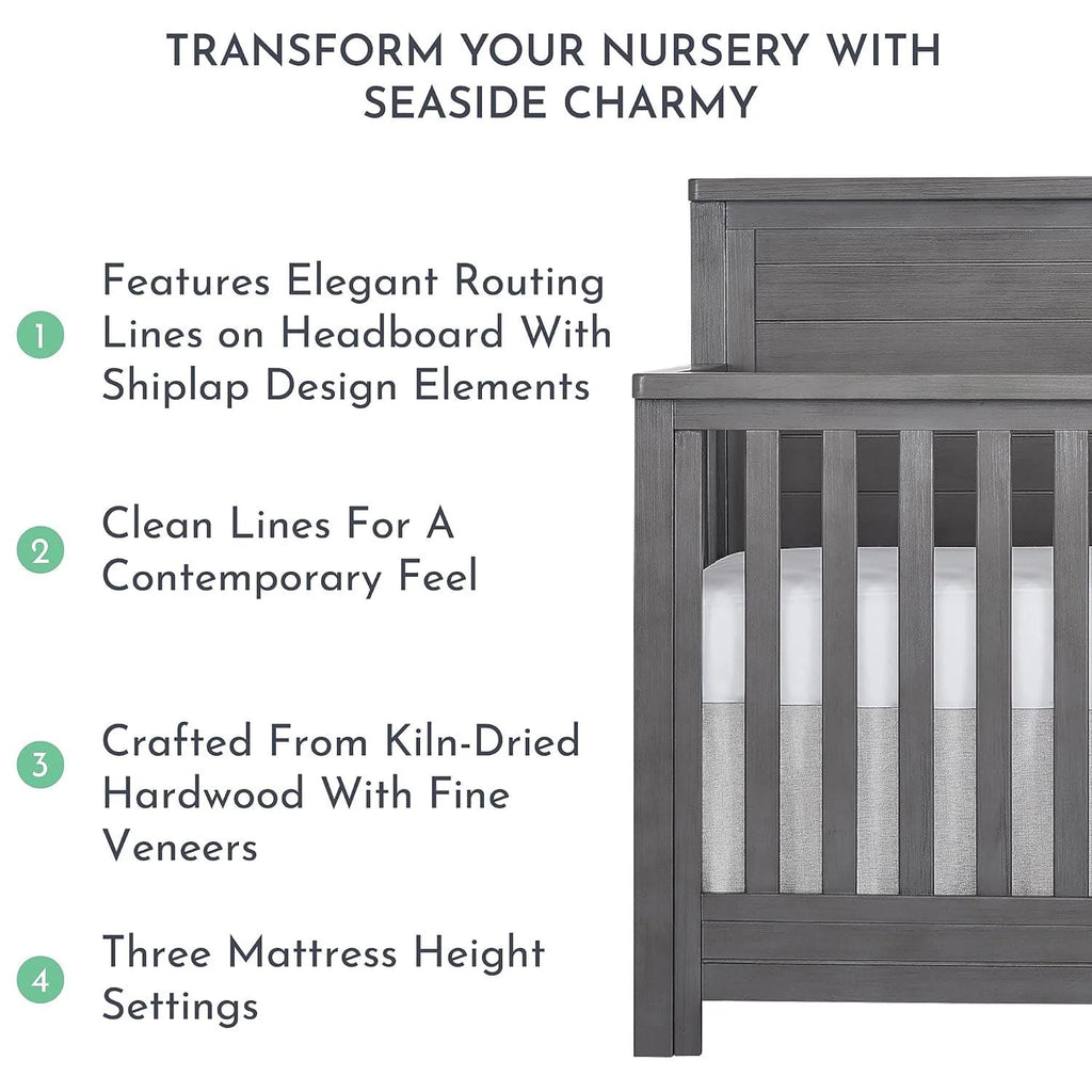 Evolur Belmar Flat 5-in-1 Convertible Crib. Rustic Grey