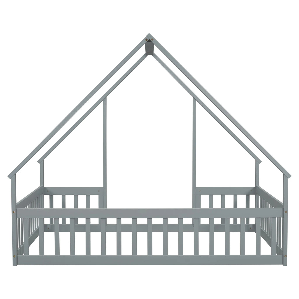 Bellemave Twin Size Floor Bed Frame, Wooden House Bed Twin Size with Fence, Montessori Bed with Guardrails for Bedroom (White)